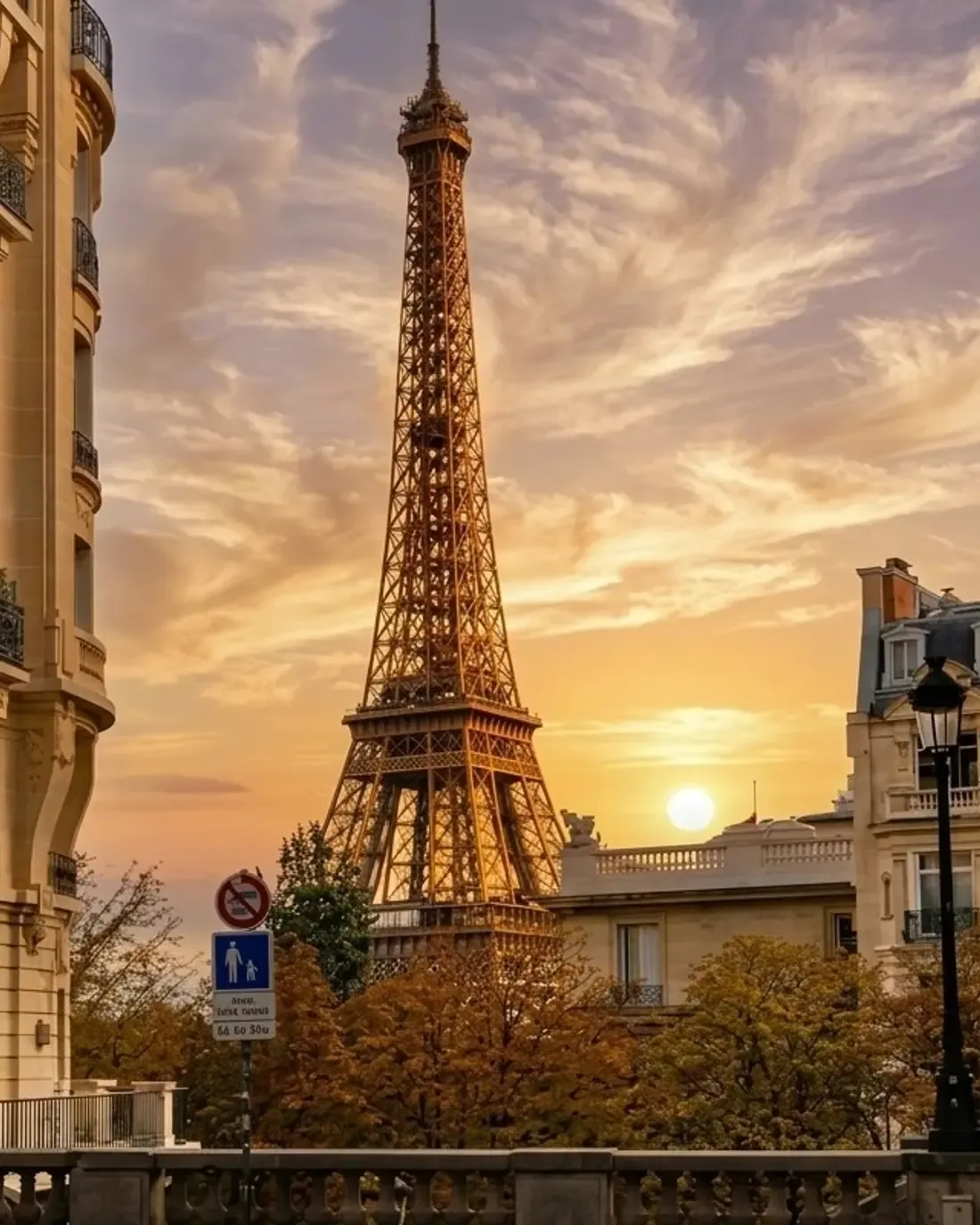 La tour Eiffel au bout de l'avenue de Camoëns, au coucher du soleil
